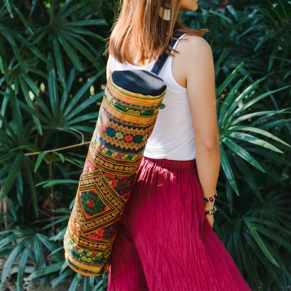 Ethnic Yoga Mat Bag With Diamond Hmong Embroidered in Yellow, Yoga