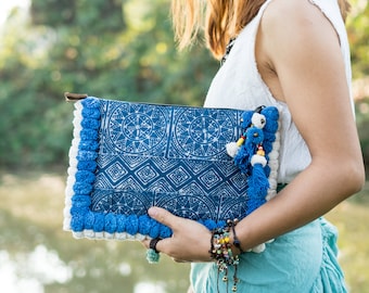 Unique  Woman's Batik Clutch Bag/Ipad Holder with Blue and White Pom Pom  - BG515BABLU