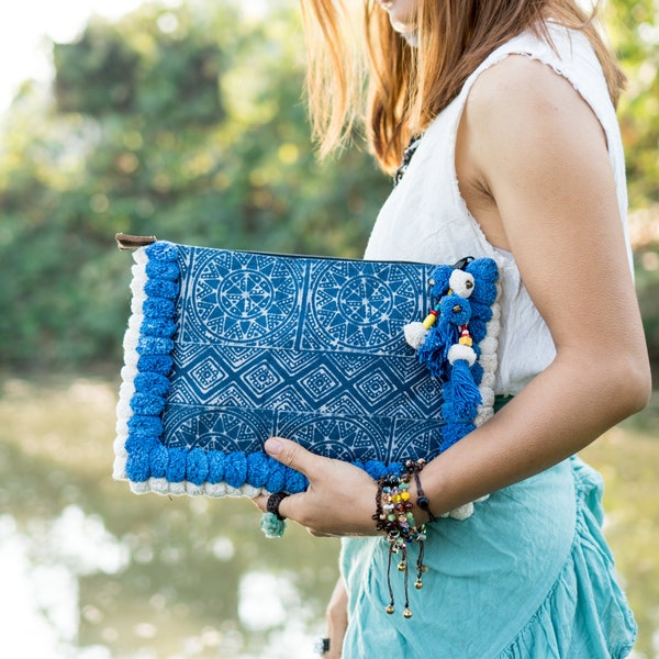 Unique  Woman's Batik Clutch Bag/Ipad Holder with Blue and White Pom Pom  - BG515BABLU