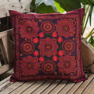 Red Hmong Embroidered Pillow Cover,  Cushion Case, Ethnic Cushion Cover, Thai Pillow Case, Bohemian Pillow - CS101FCRED