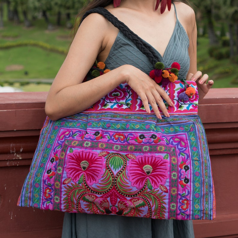 Purple Flower Hill Tribe Tote Bag Large Size with Hmong Embroidered Fabric, Tote for Women, Beach Tote Bag, Boho Tote BG301PURH image 1