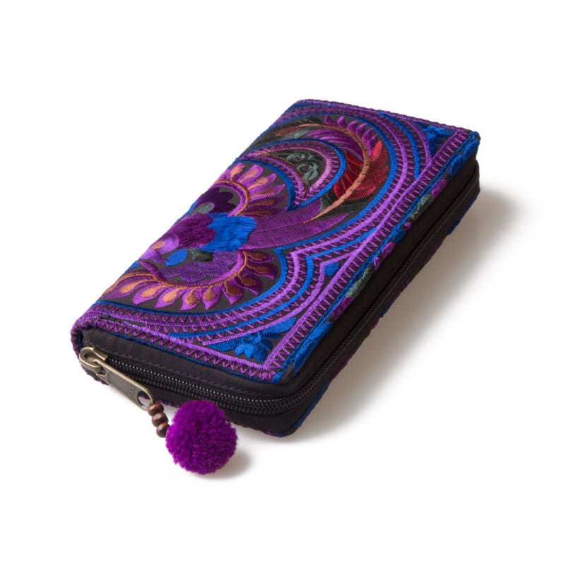 One of a Kind Hmong Hill Tribe Embroidered Women Wallet Purse with Pom Pom Zip Pull WA301PURB image 4
