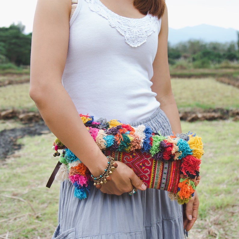 Vintage Hmong Hill Tribe Embroidered Clutch with Colorful Hairs and Pom Pom for Women, Boho Clutch Bag, Bohemian Purse in Orange BG521VORG image 5