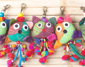 Cute Cat Doll Bag Accessories Zip Pull Key Chain Pom Pom tassel Handmade from Thailand