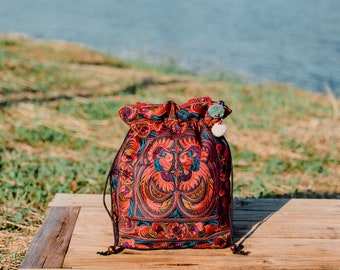 Red Bird Pattern Hmong Embroidered Tote Bag, Handcrafted