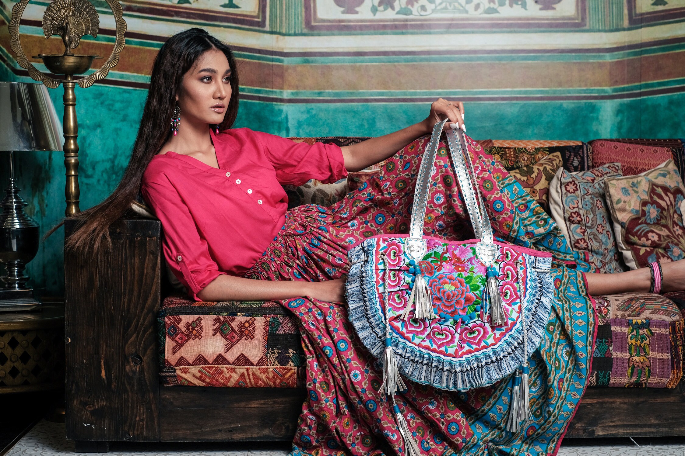 HALF MOON Blue Floral Beach Shoulder Bag With Hmong Tribes