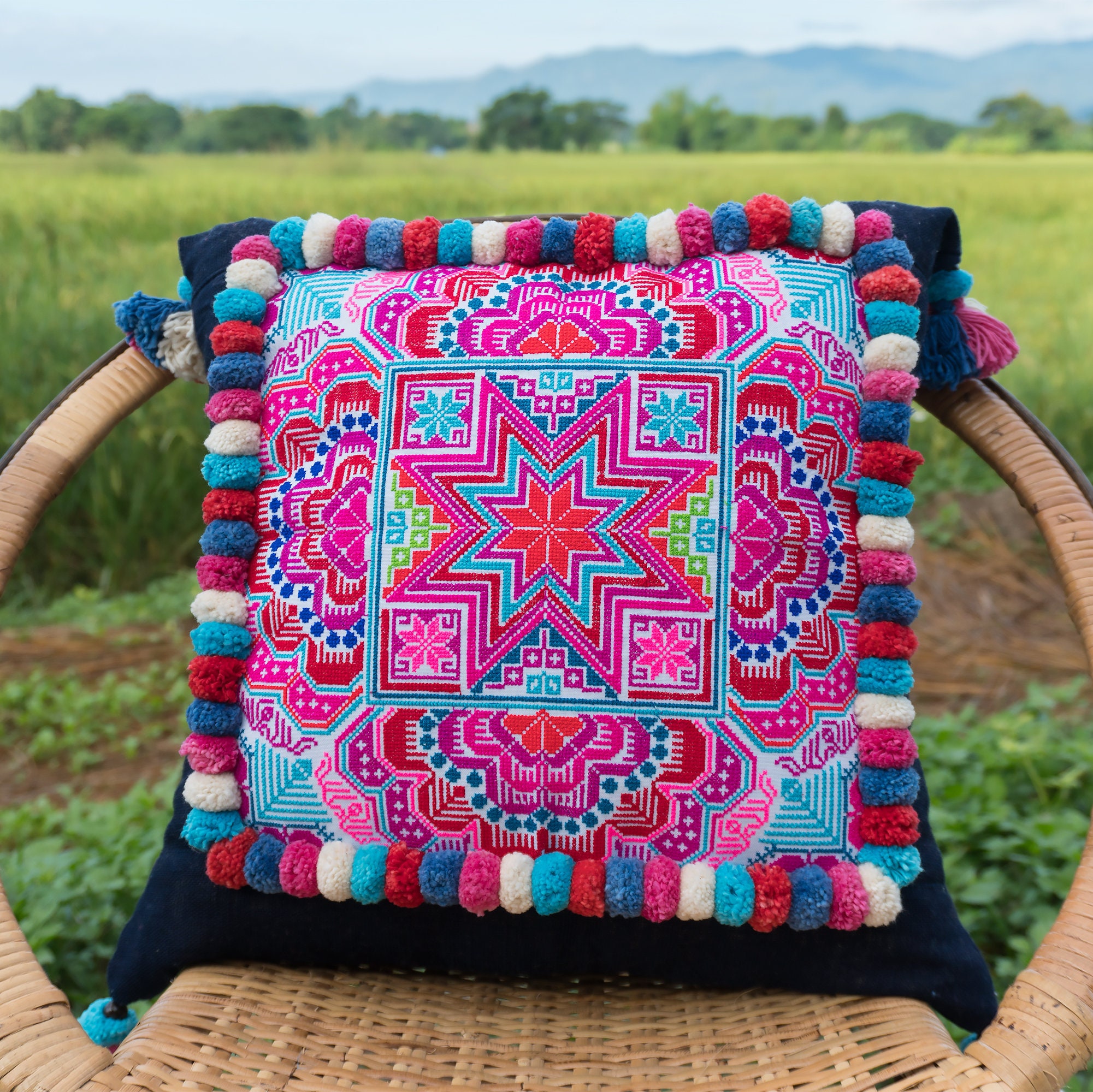 18x18 Pom Pom Star Hmong Embroidered Pillow Cases Pillow Etsy