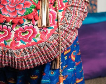 HALF MOON Shoulder Bag With Flower Hmong Tribes Embroidery