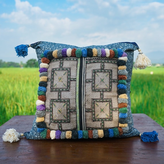 18x18 Vintage Hmong Embroidered Pillow Cover, Ethnic Boho Cushion - CS2VNAV