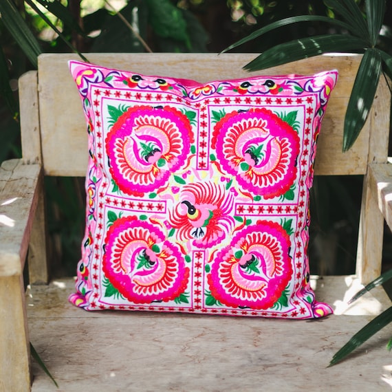 Peony Fair Trade Pillow Cover Hmong Hill Tribe Embroidered Pillow Cover Peony Fair Trade Pillow Cover Hmong Hill Tribe Embroidered Pillow Cover