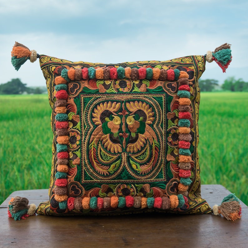 16x16 Orange Fågelbroderad Hmong Örngott, Boho Prydnadskudde - CS4YELB bild 1