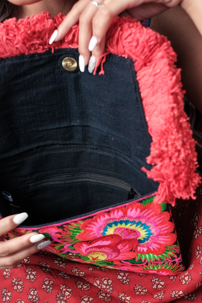 Bloemkwasten clutch bag/iPad houder met Hmong stammen geborduurde stof, Boho clutch bag, festivaltas in rood BG0040-01-RED afbeelding 5