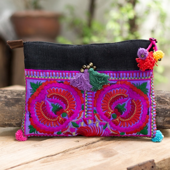 Embroidered Design Purse w/ PomPoms Embroidered Design Purse w/ PomPoms