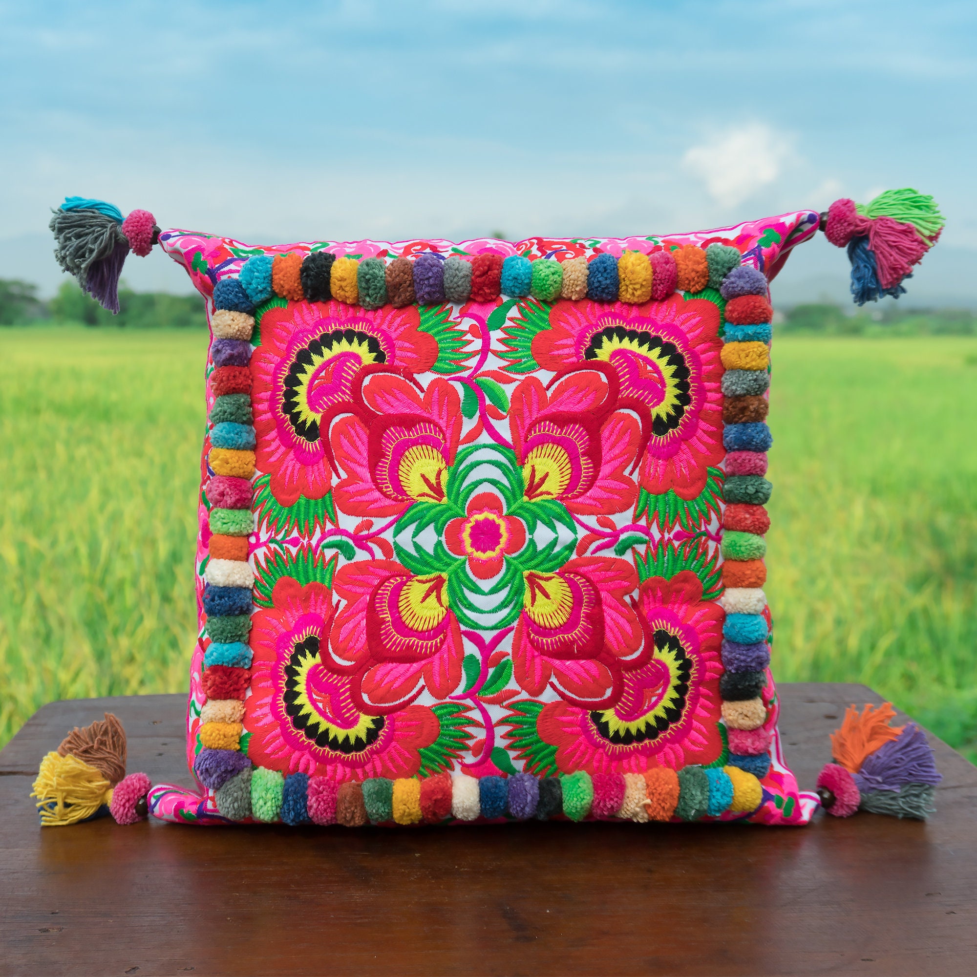 16x16 Pink Flower Hmong Pillow Cases Embroidered Pillow Etsy