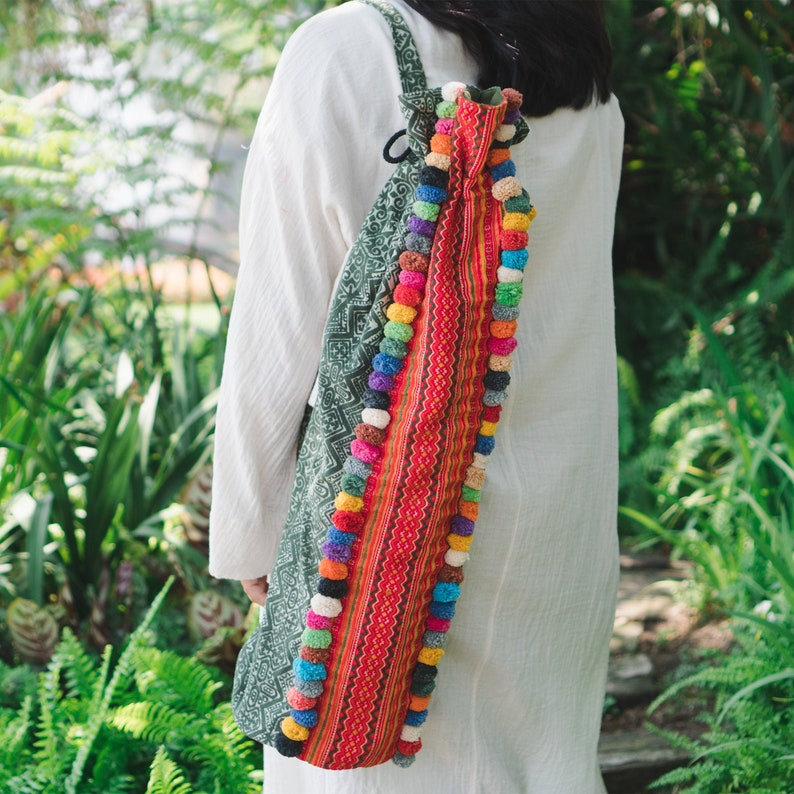 Ethnic Yoga Mat Bag Hemp Yoga Sling Bag Pom Pom Yoga Mat Etsy