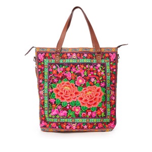 Garden Hmong Embroidered Women's Tote Bag Large Size, Boho Beach Tote Bag with Leather Crossbody Strap BG0055-01-BLA image 5