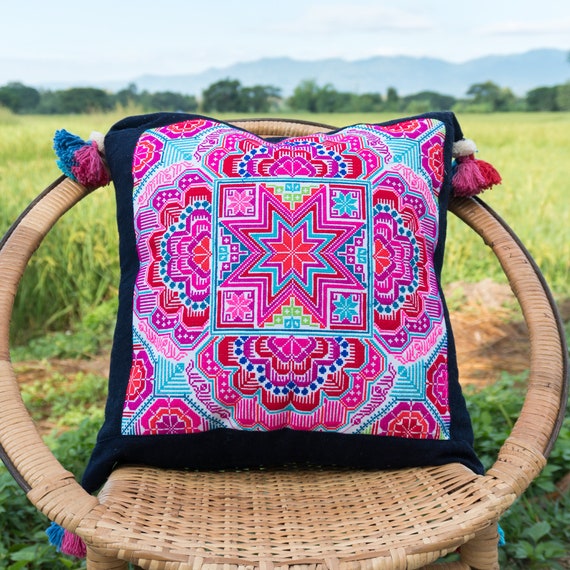 18x18 Stars Hmong Embroidered Pillow Cover, Boho Tribal Cushion - CS9STNAV