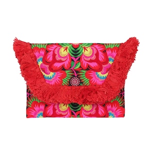 Flower Tassels Clutch Bag/iPad Holder with Hmong Tribes Embroidered Fabric, Boho Clutch Bag, Festival Bag in Red BG0040-01-RED image 7