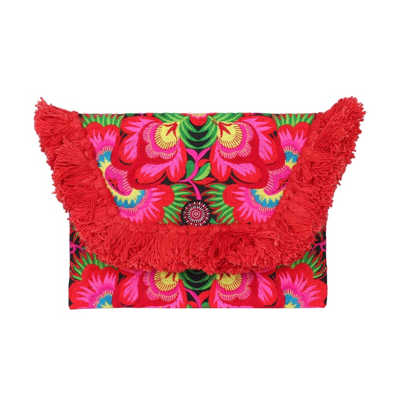 Bloemkwasten clutch bag/iPad houder met Hmong stammen geborduurde stof, Boho clutch bag, festivaltas in rood BG0040-01-RED afbeelding 7