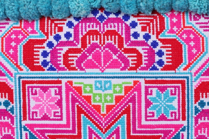 Blue Pom Pom Clutch Bag, Boho Wristlet with Hmong Hill Tribe Embridered Star Pattern, Festival Purse, Bohemian Bag BG0041-00-BLU image 9