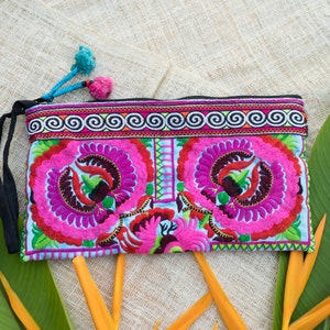 Blue Peony Women&#39;s Clutch Bag, Embroidered Hmong Clutch Bag with Pom Pom, Festival Purse, Boho Clutch Bag, Unique Gift for Her - BG308BLUPE