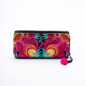 Red Flower Boho Wallet for Women, Hmong Embroidered Purse, Bohemian Wallet from Thailand, Ethnic Wallet with Pom Pom WA301FRED image 3