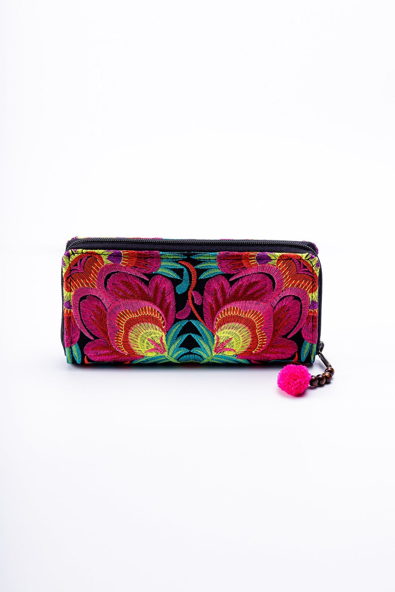 Red Flower Boho Wallet for Women, Hmong Embroidered Purse, Bohemian Wallet from Thailand, Ethnic Wallet with Pom Pom WA301FRED image 3