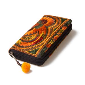 Handcrafted Boho Wallet with Hmong Tribal Embroidered Pom Pom Zip Pull Purse for Women WA301ORGB image 4