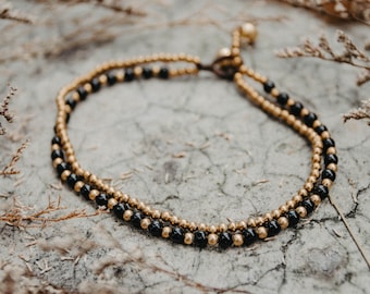 Handmade Black Onyx Brass Bead Anklet, Boho Festival Style - JE16BLA