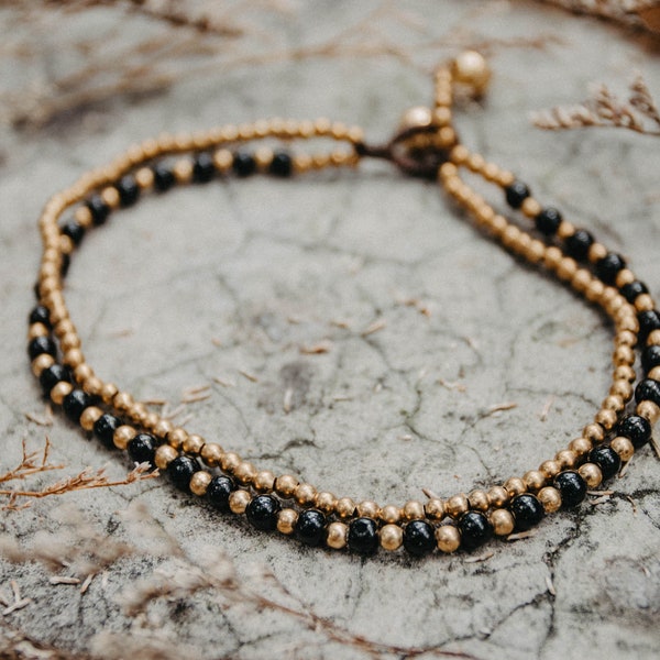 Black Onyx Brass Bead Boho Anklet Bracelet, Festival Anklet, Hippie Anklet, Bohemian Style Anklet, Gypsy Anklet - JE0016-00-BLA