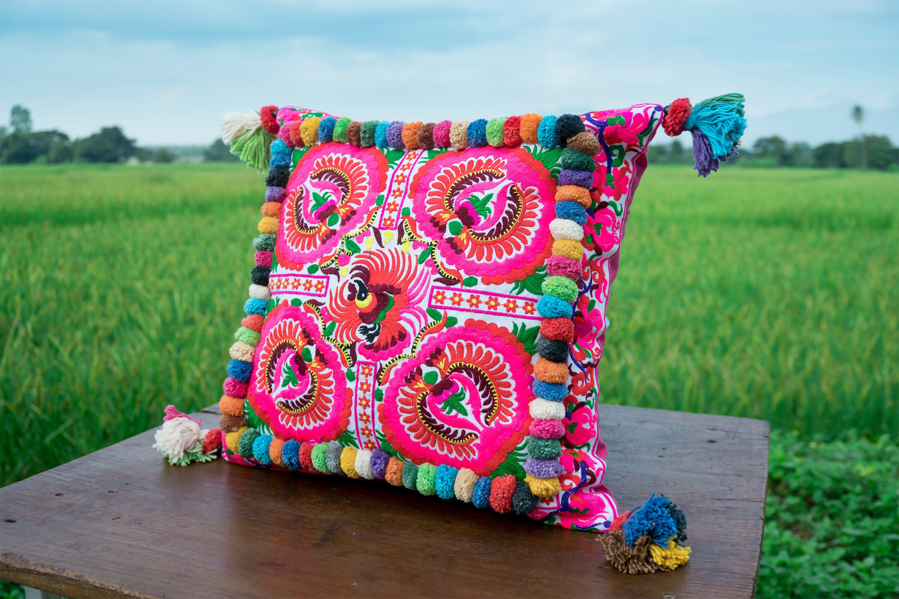 16x16 Pink Pillow Cases Boho Pillow Cases Pom Pom Throw Etsy