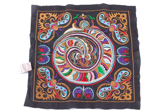 Hmong Embroidered Blue Circle Pattern Hill Tribe Textile Thailand Fair Trade