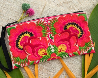 Embroidered Flower Clutch Bag, Hmong Tribe Purse, Thailand - BG308FLORG