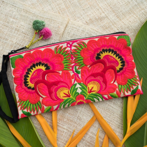 Pochette à fleurs jaunes, pochette brodée des tribus Hmong, sac à main de Thaïlande, pochette bohème, cadeau unique - BG308FLORG