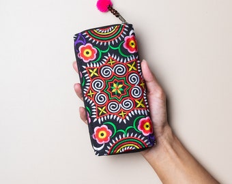 Portefeuille Ethnique Brodé Artisanal Hmong - Style Bohème Hippie, Fait Main En Thaïlande, Neuf