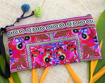 Purple Bird Pattern Hmong Tribes Embroidered Clutch Bag, Handcrafted Ethnic Bag from Thailand,  Wristlet, Bohemian Clutch Bag - BG308PURGP