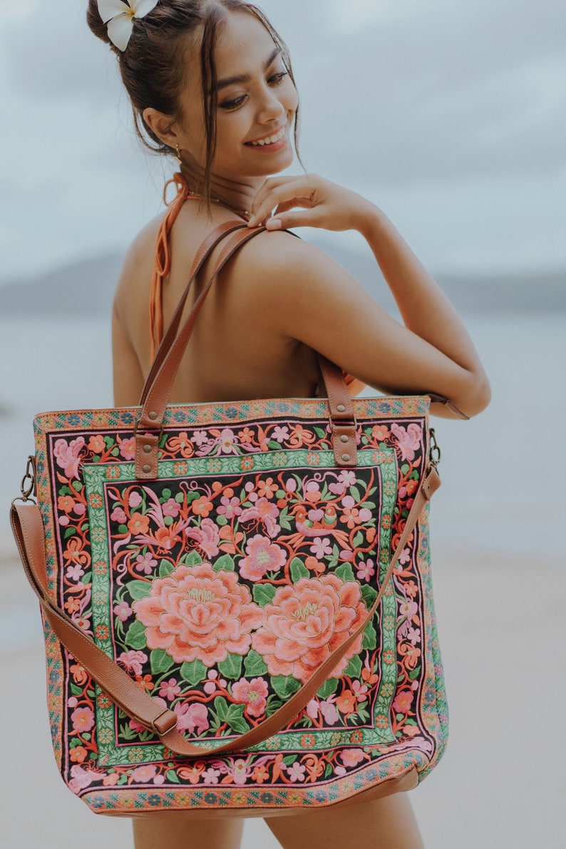 Garden Hmong Embroidered Women's Tote Bag Large Size, Boho Beach Tote Bag with Leather Crossbody Strap BG0055-01-BLA image 1