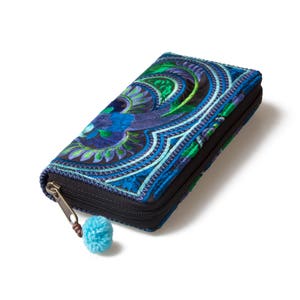 Handcrafted Blue Bird Pattern Hmong Embroidered Wallet/Purse with Pom Pom for Women WA301BLUB image 4