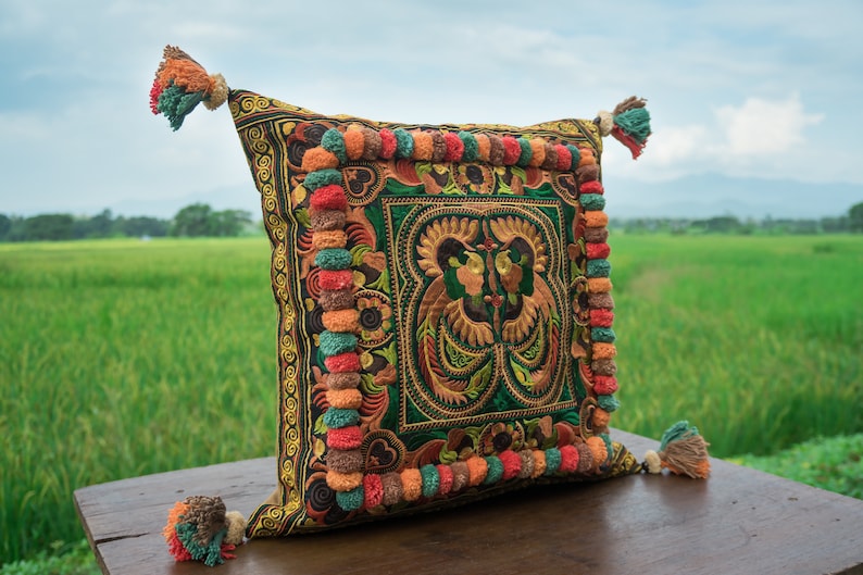 16x16 Orange Fågelbroderad Hmong Örngott, Boho Prydnadskudde - CS4YELB bild 2