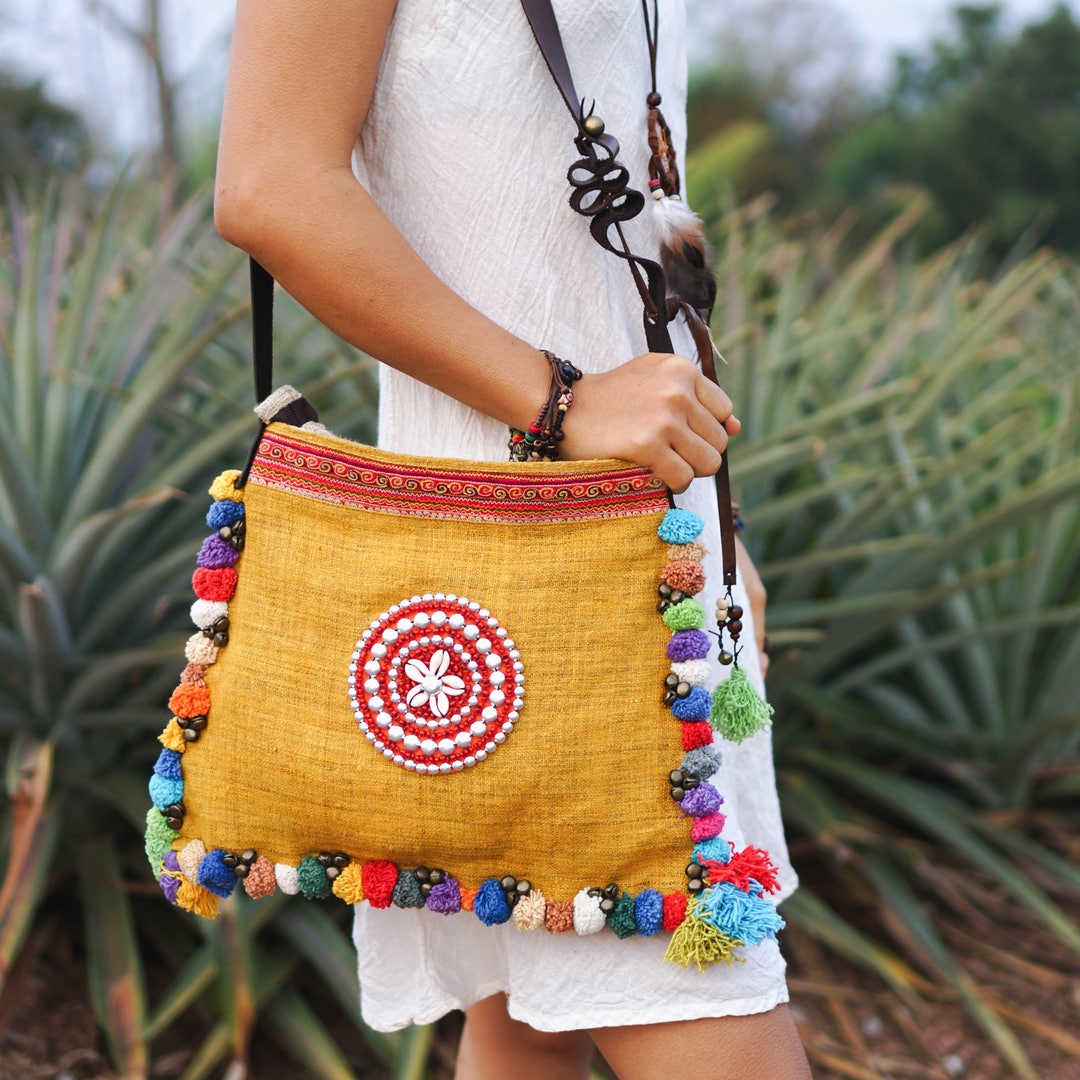 Boho Pom Pom Crossbody Bag With Hmong Embroidered Adjustable - Etsy