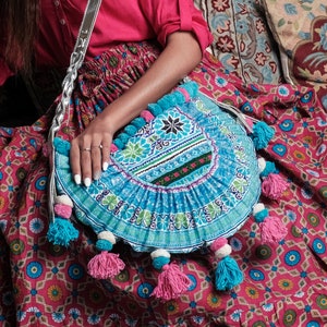 One of a Kind Pom Pom Crossbody Bag with Vintage Hmong Tribes Embroidered Fabric, Bohemian Cross-Over Bag, Festival Bag - BG0039-00-BLU