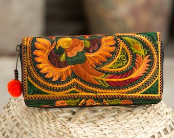 Handcrafted Boho Wallet with Hmong Tribal Embroidered Pom Pom Zip Pull  Purse for Women - WA301ORGB