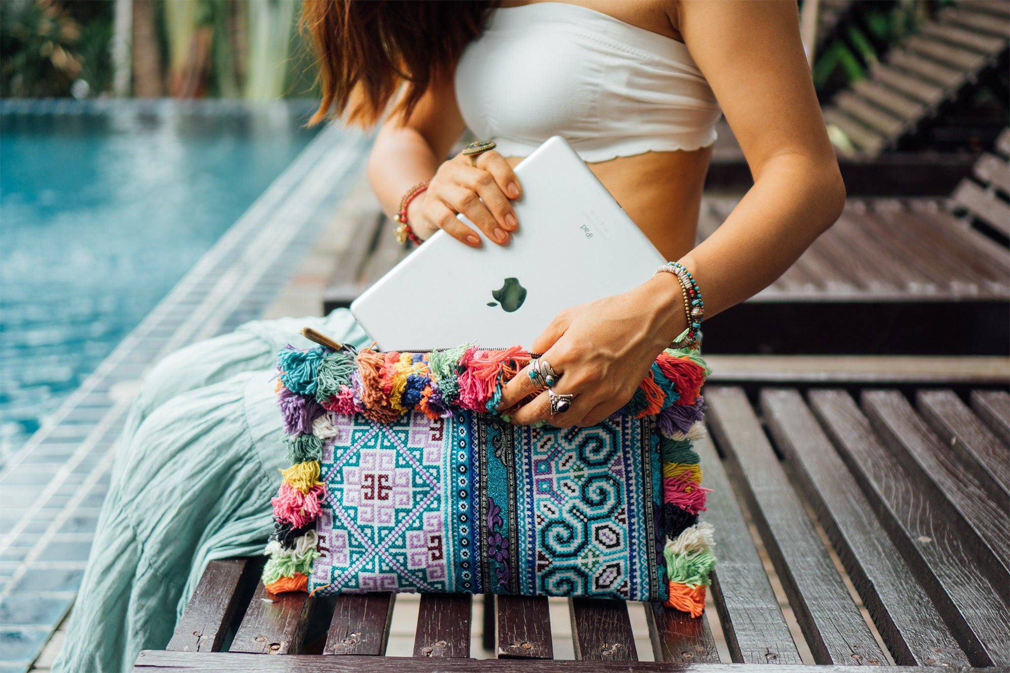 Vintage Cosmetic Bag with Tassels, Unique IPAD Case with One of a Kind Hmong Embroidery, Boho Purse for Women - BG0022-00-BLU