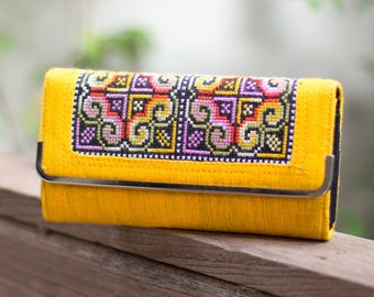 Hmong Wallet for Women,  Hippie Wallet, Boho Purse, Unique Embroidered Wallet in Yellow - WA303HYEL