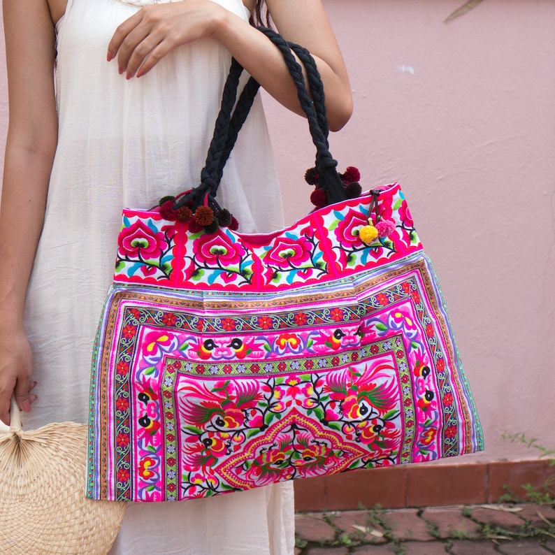 Blue Birds Hill Tribe Shoulder Bag with Hmong Embroidered Fabric Fair Trade