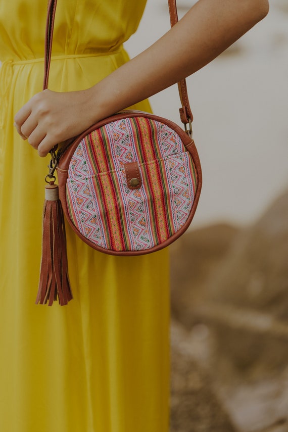 Handmade Round Crossbody Bag with Tribal Woven, Boho Crossbody Bag