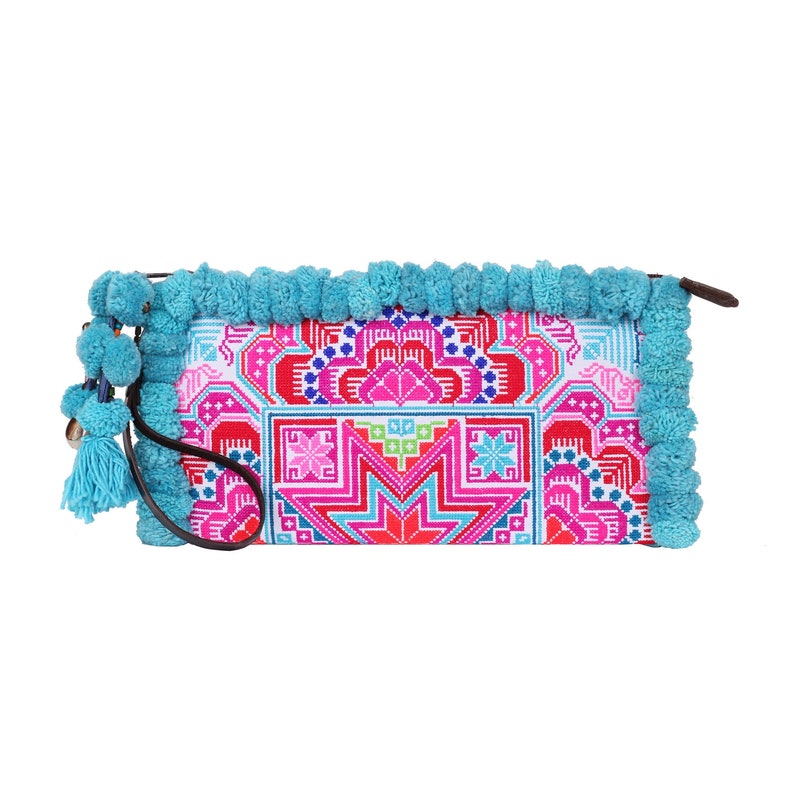 Blue Pom Pom Clutch Bag, Boho Wristlet with Hmong Hill Tribe Embridered Star Pattern, Festival Purse, Bohemian Bag BG0041-00-BLU image 8