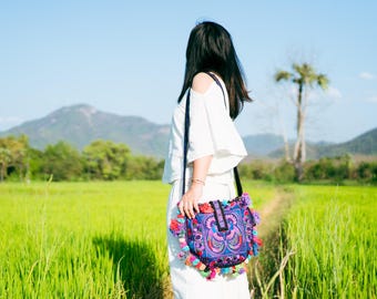 Purple Bird Hmong Embroidered Sling Bag, Thai Crossbody Bag - BG68PURB