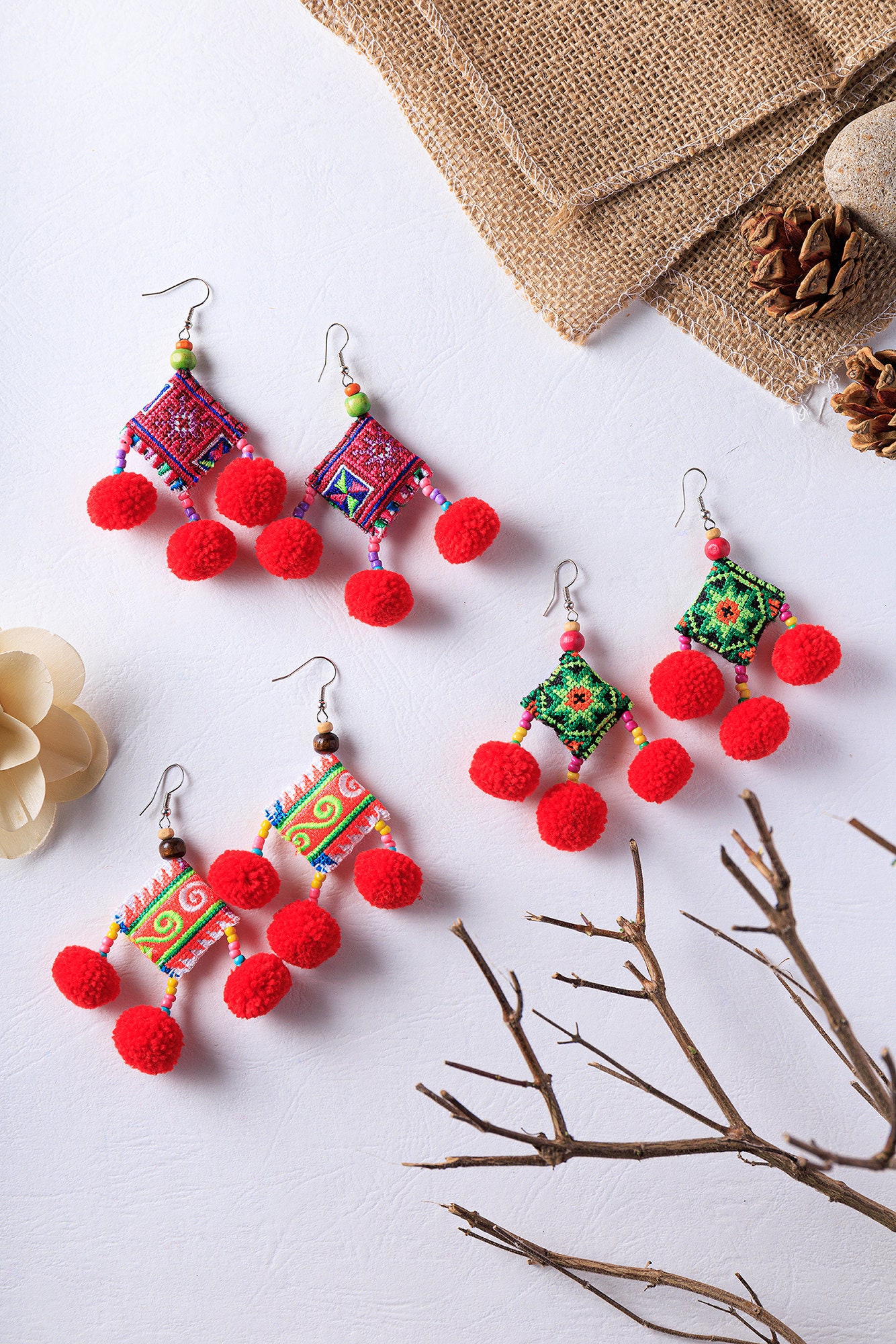 Red pom pom earrings best sale