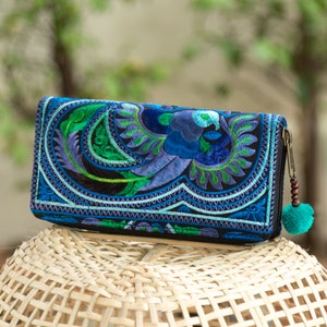 Handcrafted Blue Bird Pattern Hmong Embroidered Wallet/Purse with Pom Pom for Women - WA301BLUB